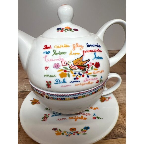 Portuguese-Inspired Ceramic Teapot Cup & Saucer Set With Hand-Painted  3-Piece - Picture 1 of 6
